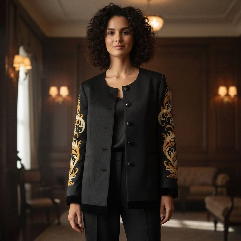 Max Nugus Haute Couture Style Black Silk & Velvet Jacket – Gold Baroque Size M